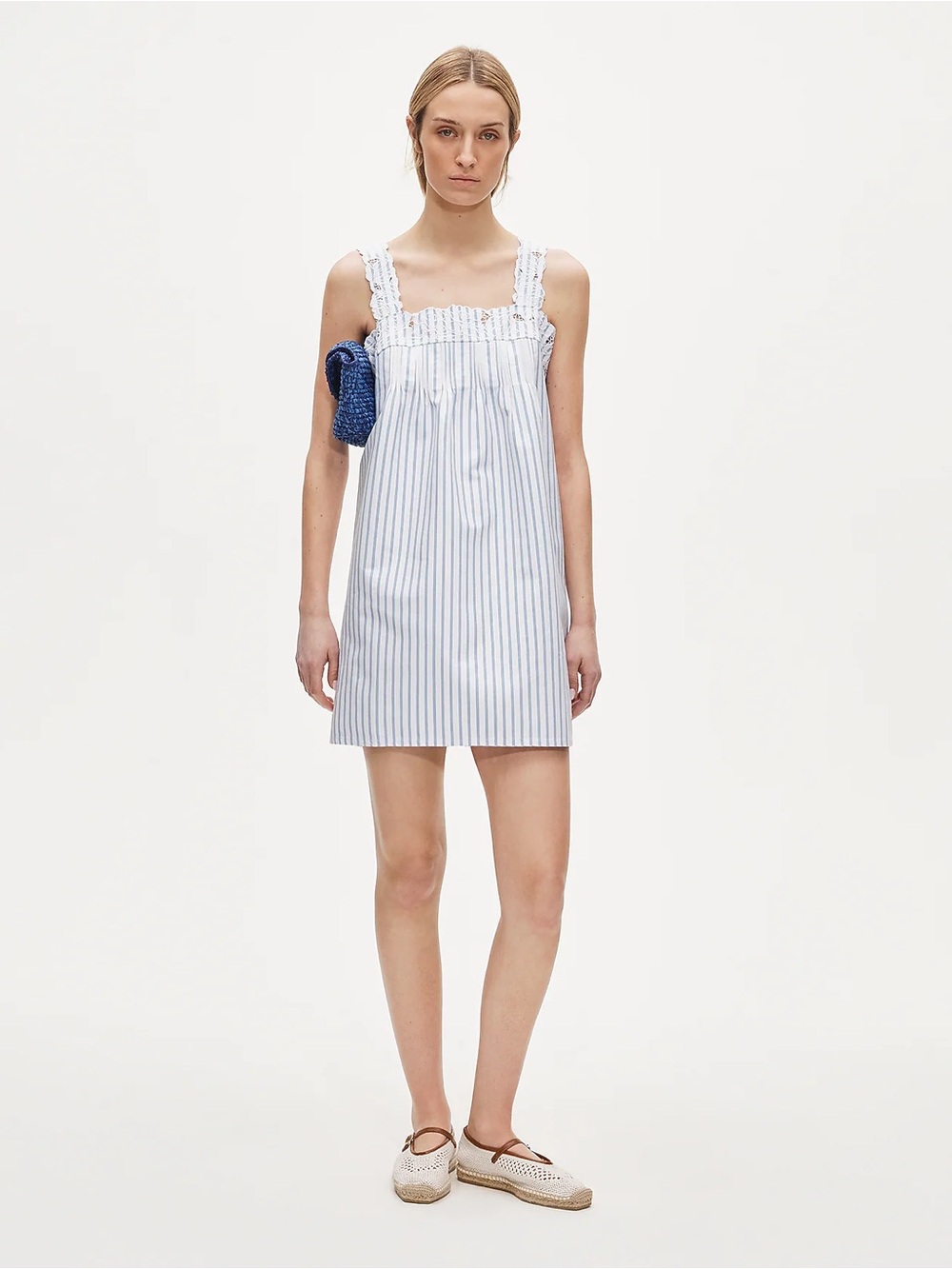 J. Crew White and Blue Striped Smocked Mini Dress